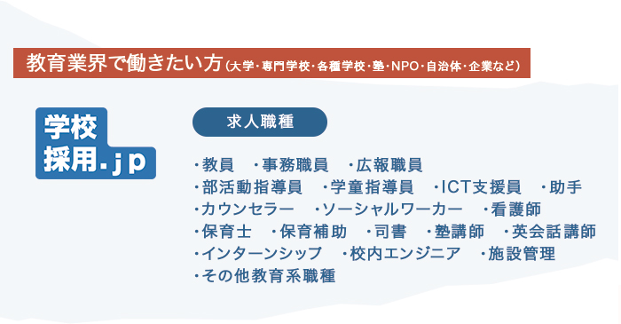 求人職種・教員・事務職員・広報職員・部活動指導員・学童指導員・ICT支援員・助手・カウンセラー・ソーシャルワーカー・看護師・保育士・保育補助・司書・塾講師・英会話講師・インターンシップ・校内エンジニア・施設管理・その他教育系職種